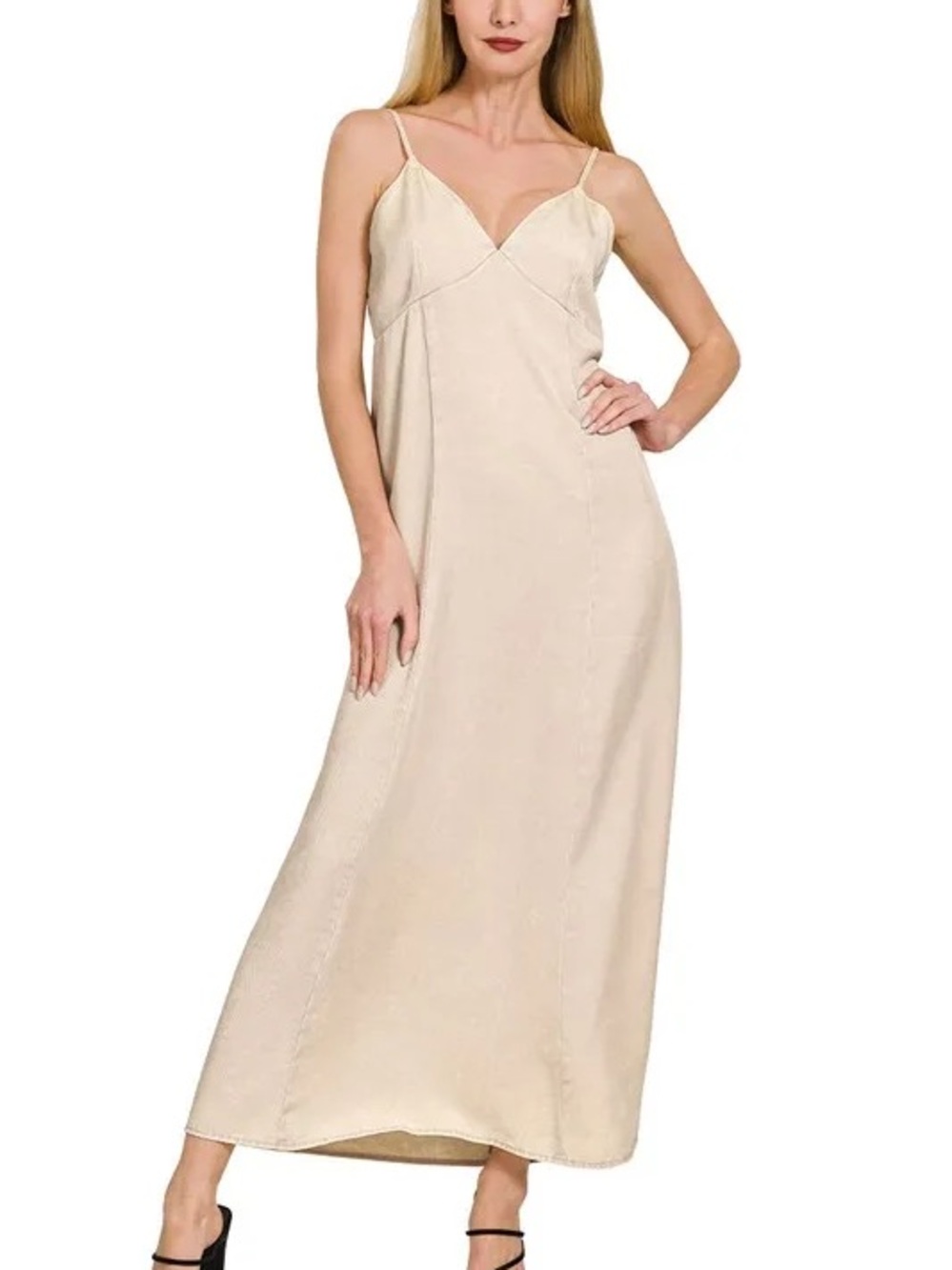 Zenana Tencel Slip Maxi Dress Sand Beige Adjustable Straps Size Medium NWT